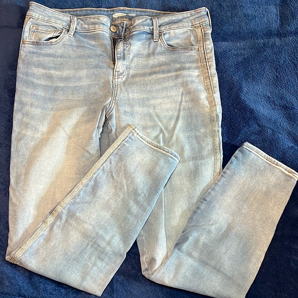 NWOT Old Navy Rockstar Super Skinny Blue Jeans with Sparkly Stripe